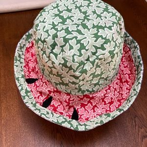 Watermelon themed reversible bowl sunhat, soft, packable. Cottontail Originals